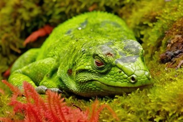 Fototapeta premium vibrant green lizard resting on a bed of lush moss. Generative AI