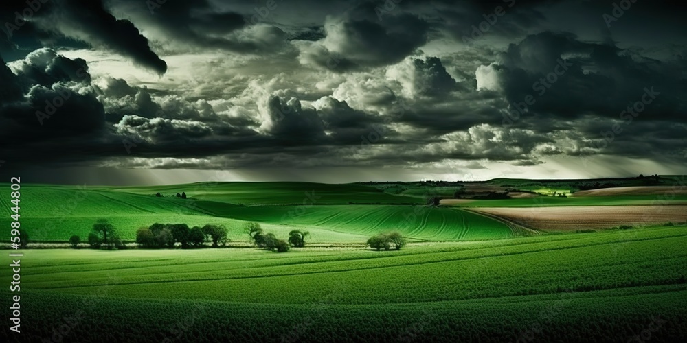 Poster clouds float over a panorama of lush green pastures. generative ai generative ai