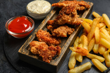 Boards of tasty fried codfish with french fries and sauces on dark background, closeup