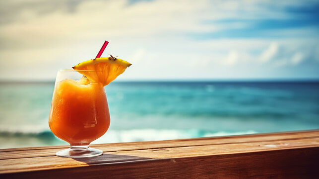 Caribbean Rum Punch cocktail on background with blue sea and sky tropical background. Generative AI