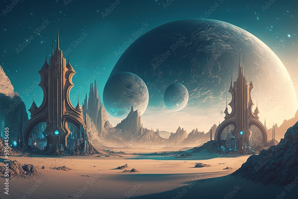 Aufkleber fantastical extraterrestrial planet with a wide variety of architecture generative ai generative ai