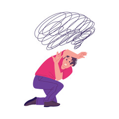 Man in panic attack trying to hide from the threat, flat vector isolated.