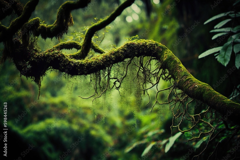 Poster a moss-covered tree limb seen from below in the costa rican jungle. generative ai generative ai