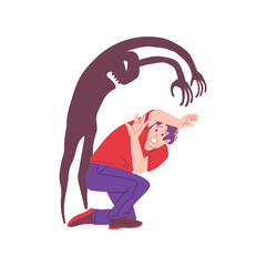 Obraz premium Frightened panicked man crouching in fear, flat vector illustration isolated.
