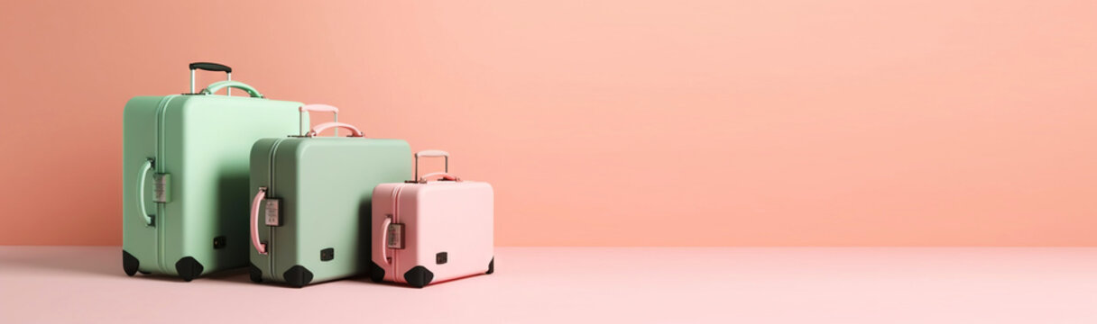 Pastel colored scene with travel suitcases, on uniform background. Trip concept. Generative AI