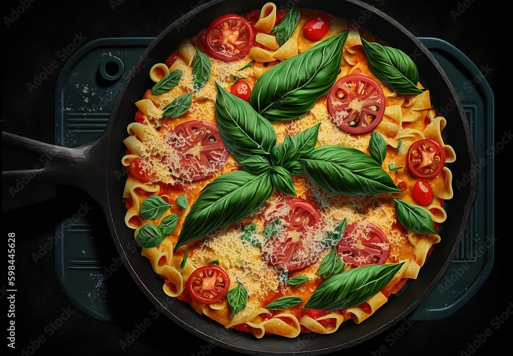 Poster Pan-fried macaroni with tomato sauce and fresh basil. Generative AI Generative AI