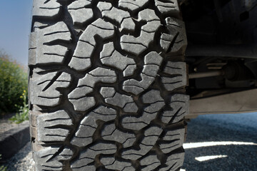 Close up of offroad tire tread on 4x4 truck