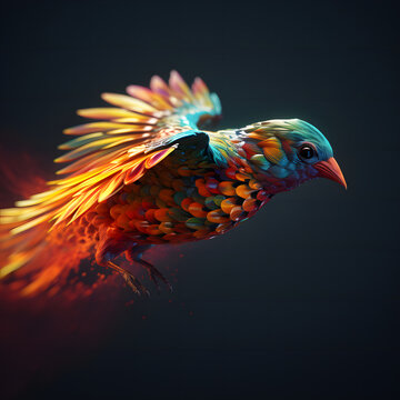 Colored abstract bird of paradise on a black background. Image created with Generative AI technology.