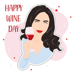 Illustration for National Wine Day. Beautiful smiling woman in red with glass of wine. Greeting card for winemaking business, wine shop.  