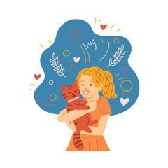 Cute little girl holding cat, cartoon flat vector illustration isolated on white background.