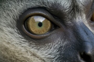 close-up view of a monkeys face with striking yellow eyes. Generative AI