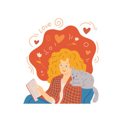 Love between pets and owners banner with woman and cat, flat vector isolated.
