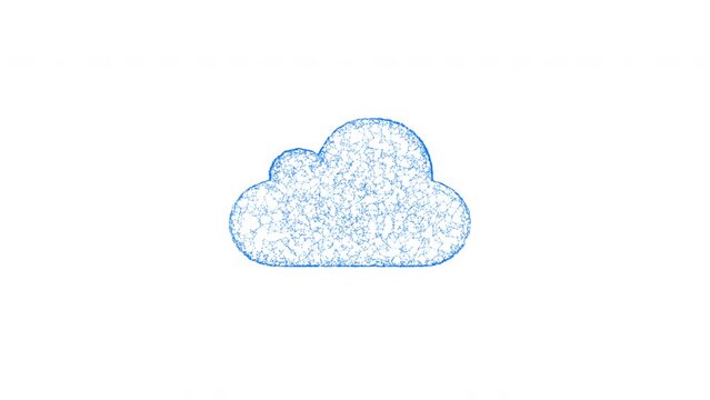 Futuristic 3D render of cloud symbol global technology systems and cloud services, 3D cloud object with noisy animated connected dots and lines  inside in blue colour on white background.
