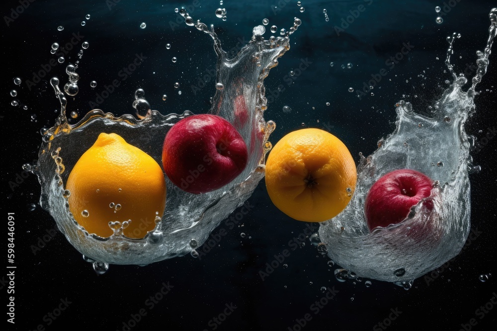 Poster fruits splashing into water - three apples and two oranges. generative ai