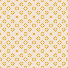 Elegant minimal vector geometric floral seamless pattern. Simple minimalist ornament with small flower silhouettes. Abstract yellow and beige vintage background. Repeat retro design for decor, fabric