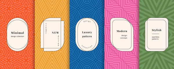 Trendy geometric seamless patterns in retro 1970's - 1980's style. Vector set of colorful backgrounds with elegant minimal labels, frames. Abstract modern line ornament textures. Repeat geo design