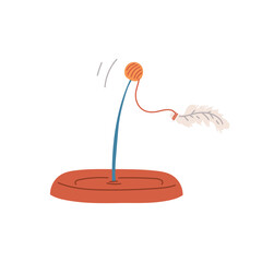 Toy for cats with ball and feather, cartoon flat vector illustration isolated on white background.