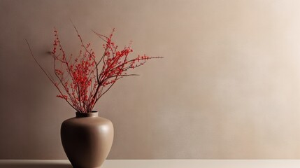 Vase with decorative plant branch against gray wall background. Minimalist interior mockup. Generative AI