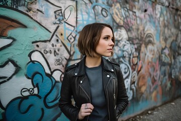 A portrait of a young woman with a bob haircut, wearing a vintage leather jacket, standing in front of a graffiti wall  AI-Generated image