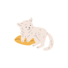 Cute smiling pet lying on yellow pillow flat style, vector illustration