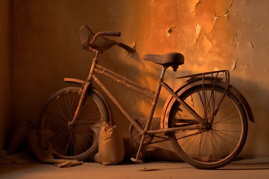 A still life of a rusty bicycle with peeling paint and worn - out tires AI-Generated image