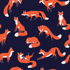 Seamless pattern with foxes in different poses flat style, vector illustration