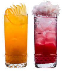 set with cocktails, yellow drink with orange and ginger and red lemonade with ice and cotton candy, isolated background, png for design - 598446863