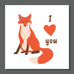 Postcard with cute sitting fox and I love you text flat style