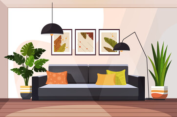 Modern living room with furniture and decor. Trendy contemporary home interior design with sofa, house plants, pictures and floor lamp. Flat vector illustration 
