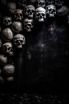 Totenköpfe und Knochen auf schwarzem Hintergrund. Halloween Horror Konzept mit KI erstellt	