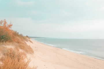 Calm beach landscape in pastel colors. Serene scene resembling minimalistic painting in light pastel tones. AI generated image