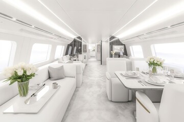 bright interior of a modern luxury jet with the table served
