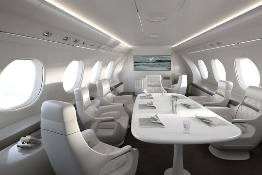 inside of a modern private plane with the table served