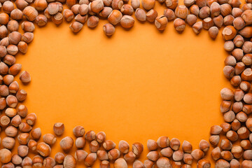 Frame made of shelled hazelnuts on orange background