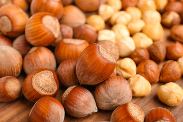 Shelled hazelnuts as background, closeup
