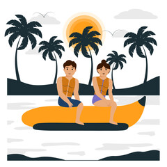 Attractions in the sea. Young people, a guy and a girl, are relaxing in the sea. Vacation at sea together. Entertainment at sea. Summer, beach. Sunlight in the background. Vector flat illustration