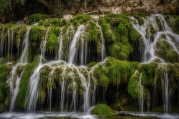 beautiful waterfall surrounded by lush green mossy rocks. Generative AI