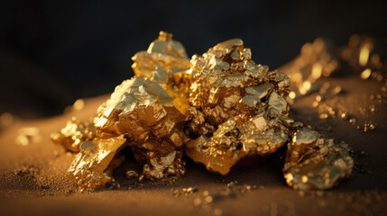  Gold nugget in front of a mound of gold, photorealistic. Generative IA