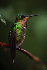 Fototapeta na wymiar bird in flight, mountain tropical forest, natural habitat. Cute bird. beautiful hummingbird sucking nectar. colouful background. AI generated
