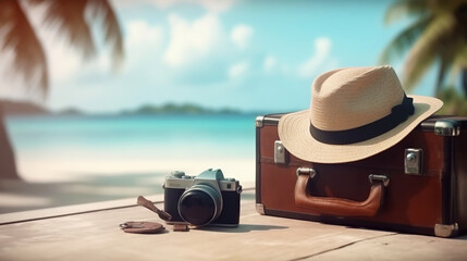 Suitcase, hat and accessories on the wooden floor with a sea background. Travel concept. Generative AI
