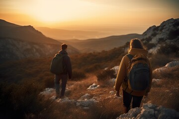 Pareja haciendo senderismo, en la cima de una montaña, viendo la puesta de sol