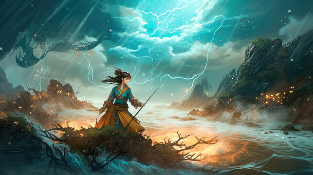 Chinese hero on the battlefield with a sword, amazing epic Chinese ancient theme, fantasy and water ink style, anime illustration. Generative AI