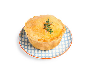 Plate with tasty meat pot pie on white background
