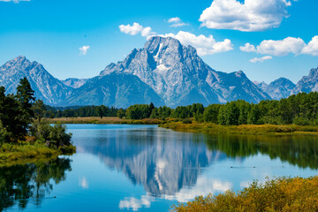 Mt Moran reflecting in Snake River, Grand Teton National Park, Wyoming, United States.