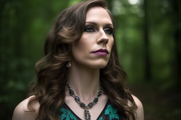 portrait of a transgender woman, caucasian trans LGBTQ activist wearing green dress with long hair, generative AI - obrazy, fototapety, plakaty