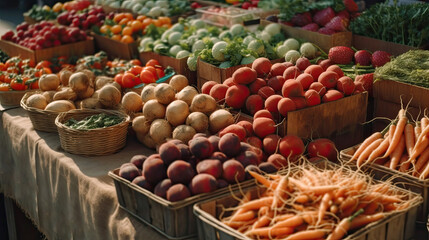 Fresh market produce at an outdoor farmer's market. fresh vegetables fruits at a local farmer's market. Generative AI