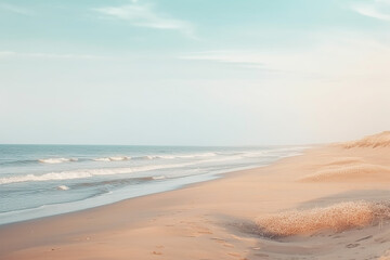 Fototapeta na wymiar Calm beach landscape in pastel colors. Serene scene resembling minimalistic painting in light pastel tones. AI generated image