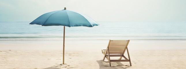 Obraz premium Beach chair and umbrella on beautiful beach. Travel paradise concept. Generative AI