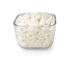 Bowl with tasty cottage cheese on white background