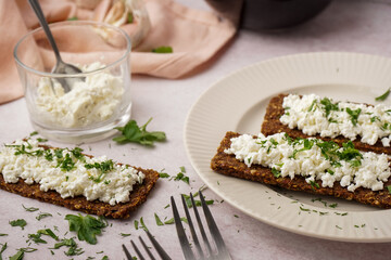 Plate with tasty cottage cheese and rye bread on light grunge background